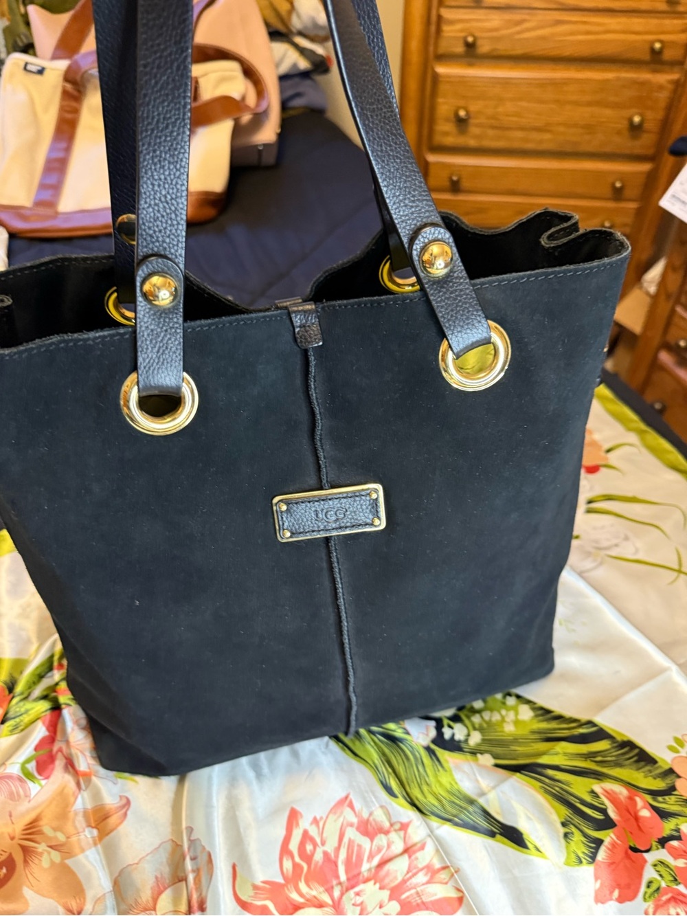 UGG Australia Black Suede Tote Bag Gold Hardware Large Shoulder Bag